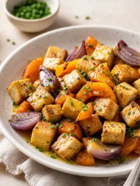 Tofu marinato alla birra con zucca, cipolla rossa e arancia in piatto fondo