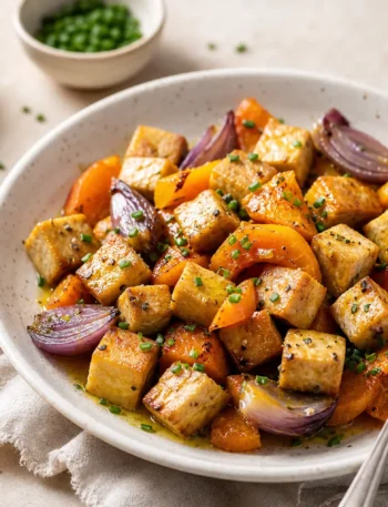 Tofu marinato alla birra con zucca, cipolla rossa e arancia in piatto fondo