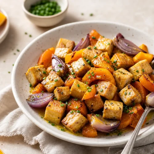 Tofu marinato alla birra con zucca, cipolla rossa e arancia