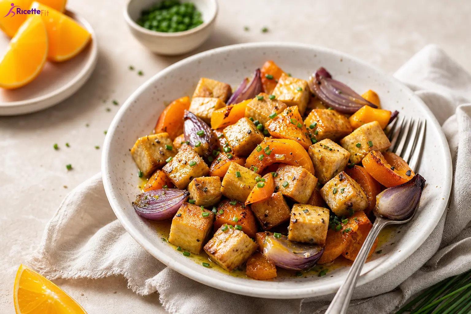 Tofu marinato alla birra con zucca, cipolla rossa e arancia in piatto fondo