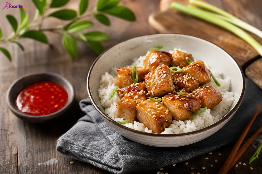 Tofu marinato alla soia con riso jasmine, sesamo e cipollotto