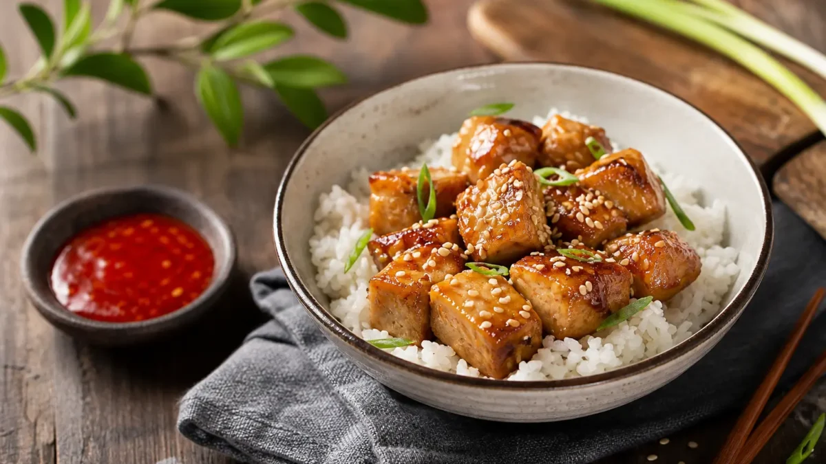 Tofu marinato alla soia con riso jasmine, sesamo e cipollotto