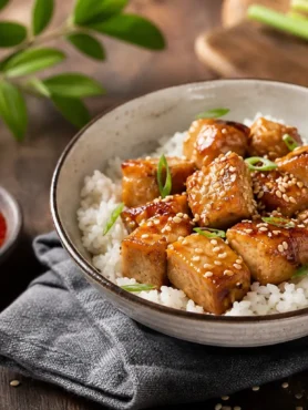 Tofu marinato alla soia con riso jasmine, sesamo e cipollotto