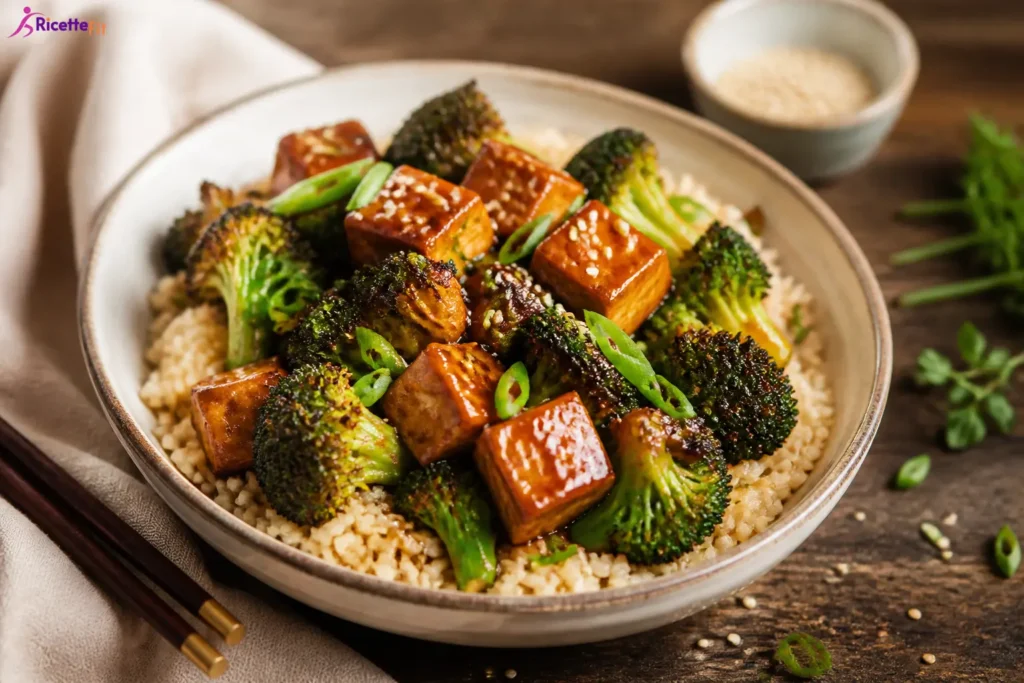 Tofu con broccoli e riso integrale in ciotola con salsa di soia leggera