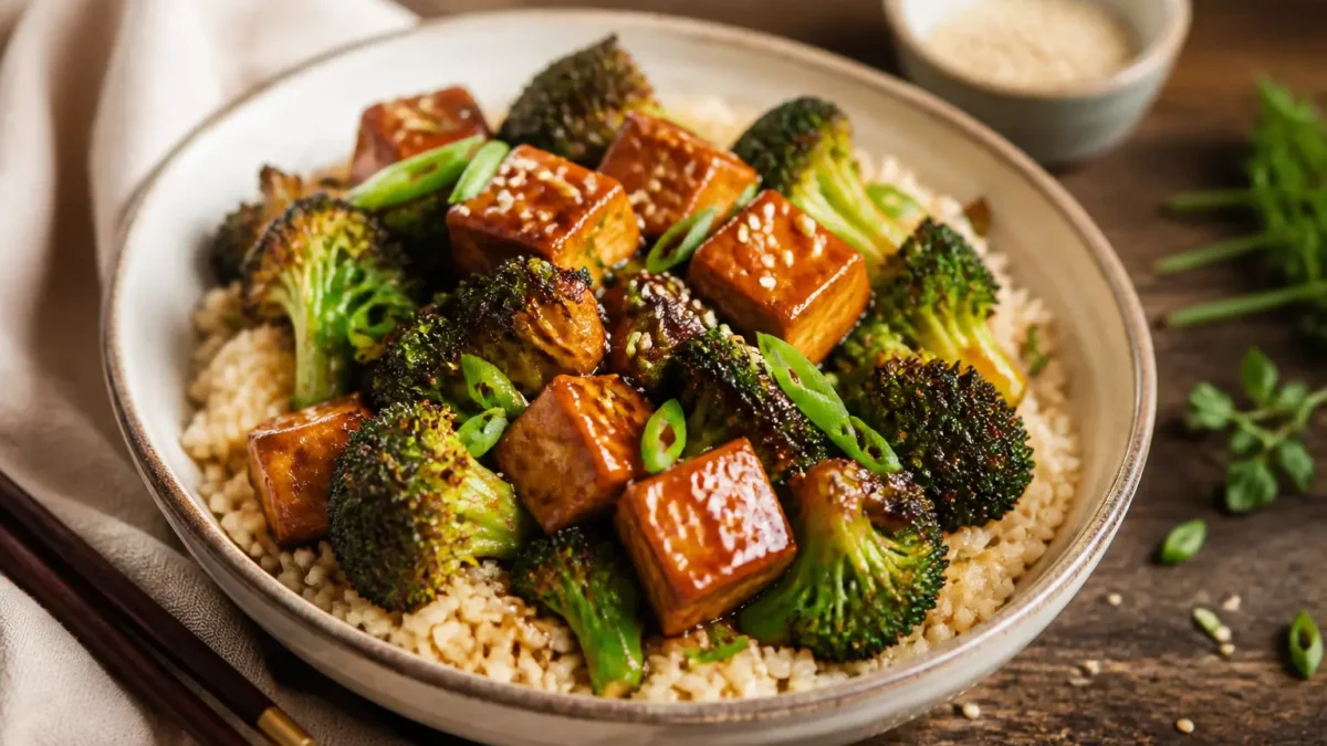 Tofu con broccoli e riso integrale in ciotola con salsa di soia leggera