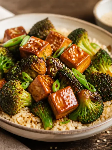 Tofu con broccoli e riso integrale in ciotola con salsa di soia leggera