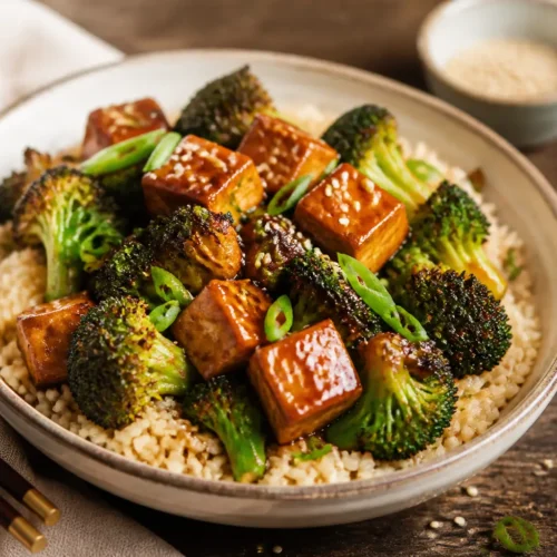 Tofu saltato con salsa di soia leggera e broccoli su riso integrale