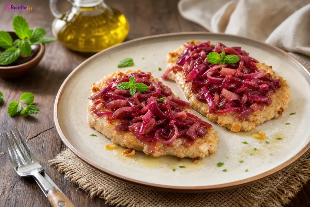 Tonno con cipolle rosse in agrodolce e menta fresca