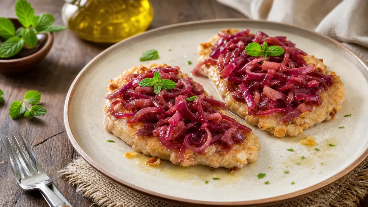 Tonno con cipolle rosse in agrodolce e menta fresca