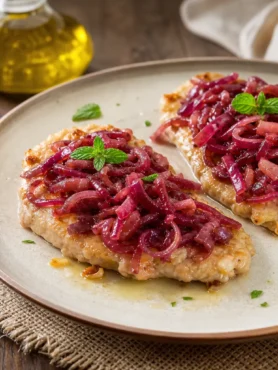 Tonno con cipolle rosse in agrodolce e menta fresca