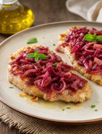Tonno con cipolle rosse in agrodolce e menta fresca