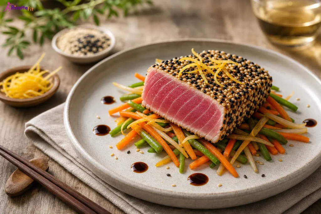 Tonno in crosta di sesamo con verdure croccanti e salsa ponzu light