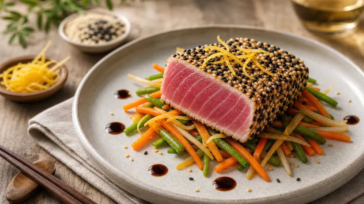 Tonno in crosta di sesamo con verdure croccanti e salsa ponzu light