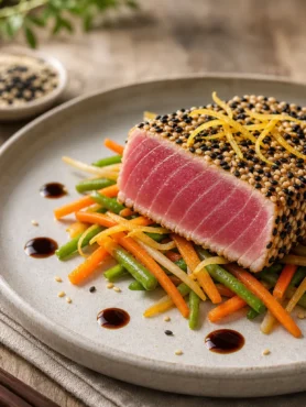 Tonno in crosta di sesamo con verdure croccanti e salsa ponzu light