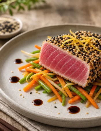 Tonno in crosta di sesamo con verdure croccanti e salsa ponzu light