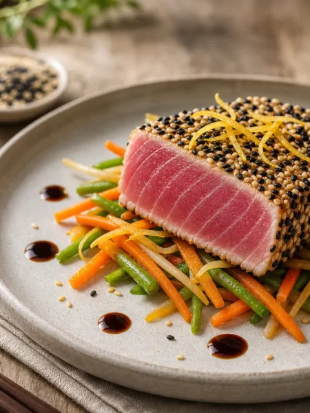 Tonno in crosta di sesamo con verdure croccanti e salsa ponzu light