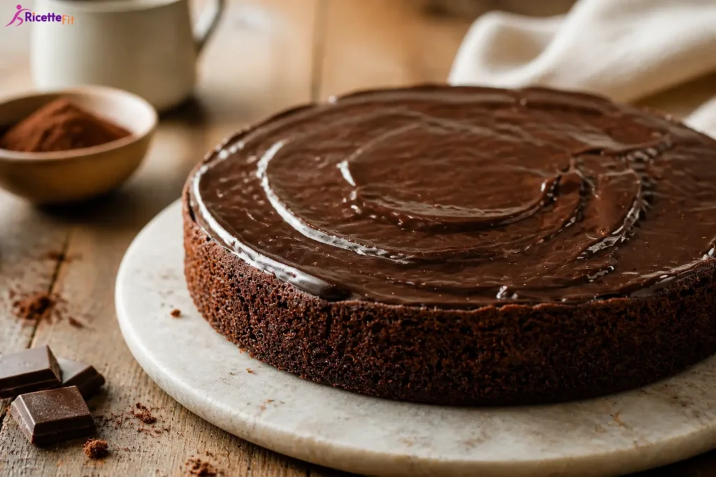 Torta al cioccolato fit con glassa fondente lucida su piatto chiaro