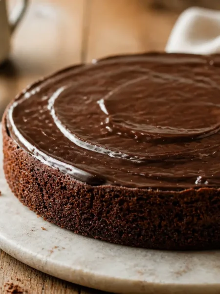 Torta al cioccolato fit con glassa fondente lucida su piatto chiaro
