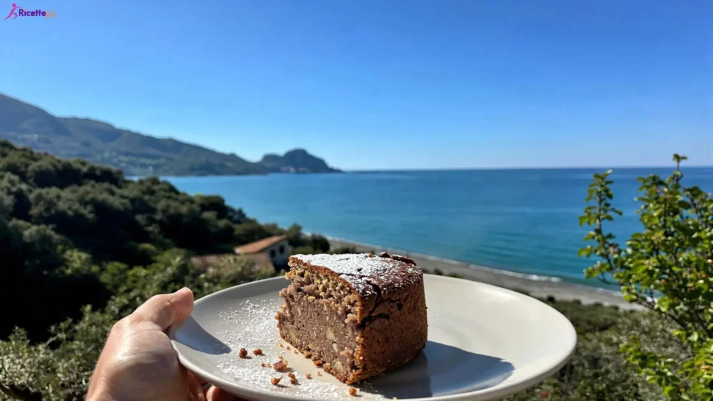 Fetta di torta al grano saraceno vegan con vista sul mare di Cefalù