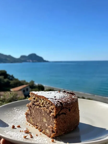 Fetta di torta al grano saraceno vegan con vista sul mare di Cefalù