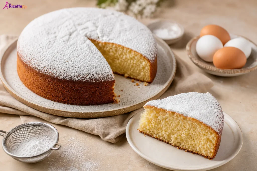 Torta fit soffice con zucchero a velo e fetta tagliata