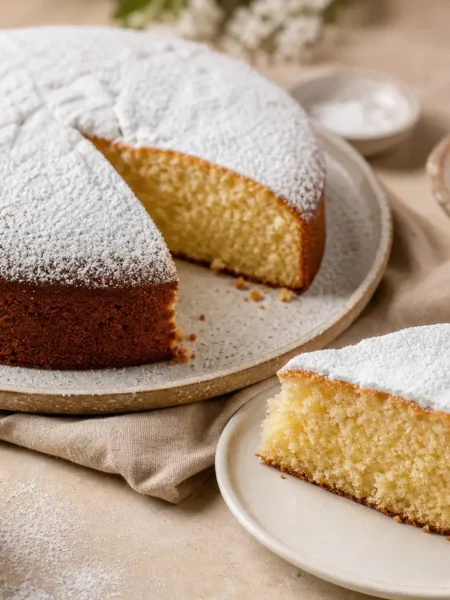 Torta fit soffice con zucchero a velo e fetta tagliata
