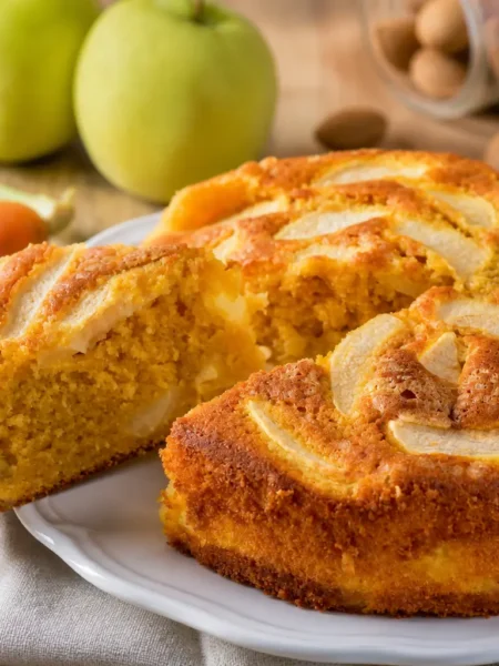 Torta di carote e mele senza uova con fettine di mela in superficie