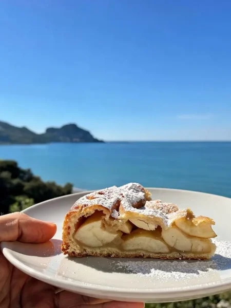 Fetta di torta di mele senza grassi con zucchero a velo
