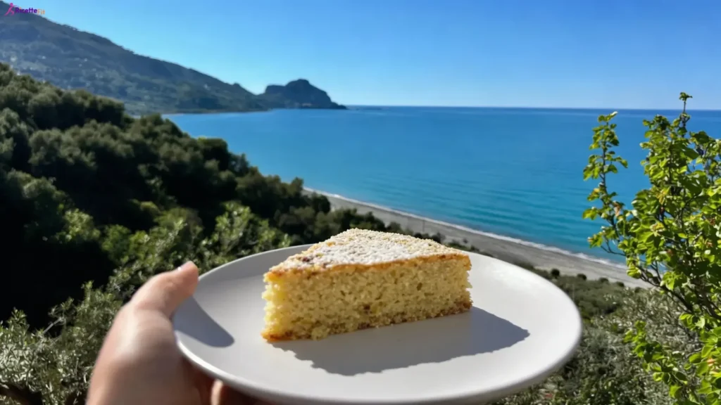 Fetta di torta dolce di quinoa senza glutine con vista mare a Cefalù