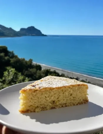 Fetta di torta dolce di quinoa senza glutine con vista mare a Cefalù