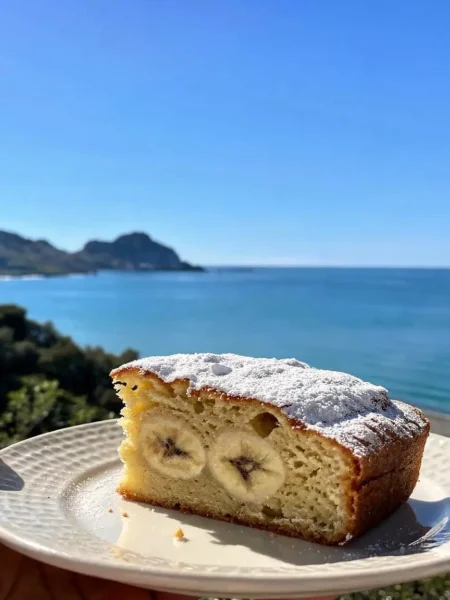 Fetta di torta fit alle banane e zucchine vista mare a Cefalù