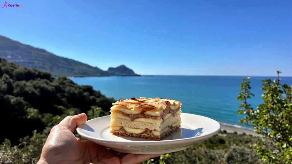 Torta invisibile alle mele light su piatto con panorama di Cefalù