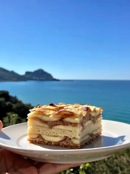 Torta invisibile alle mele light su piatto con panorama di Cefalù