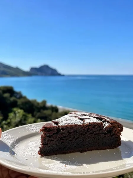 Fetta di torta light cacao e ricotta con vista mare a Cefalù