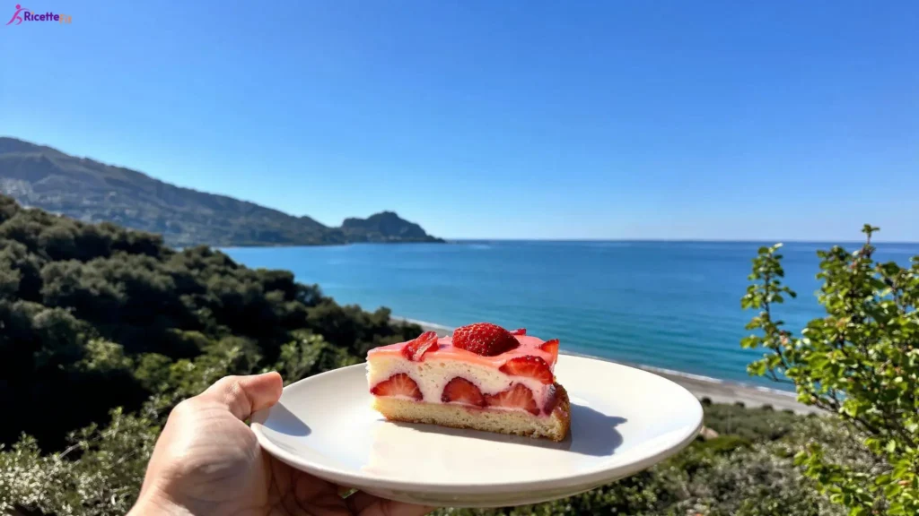 Fetta di torta morbida alle fragole senza grassi vista mare a Cefalù