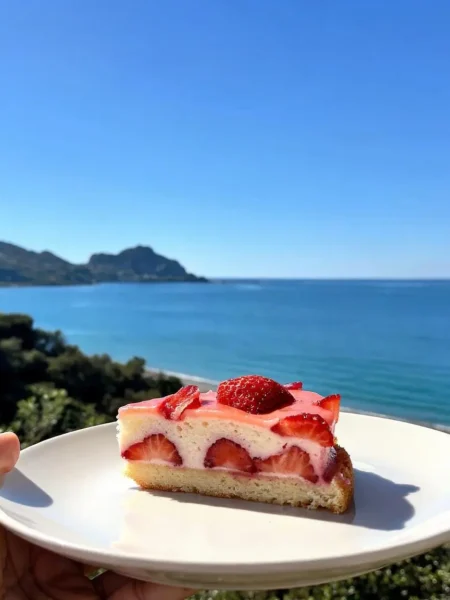 Fetta di torta morbida alle fragole senza grassi vista mare a Cefalù