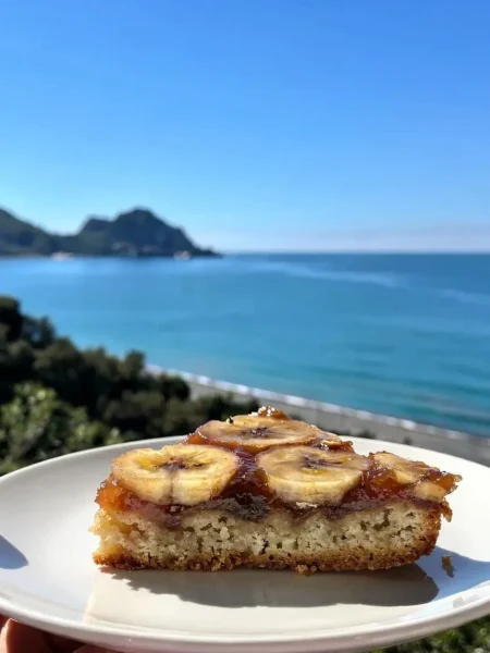 Fetta di torta rovesciata banane light con vista mare a Cefalù