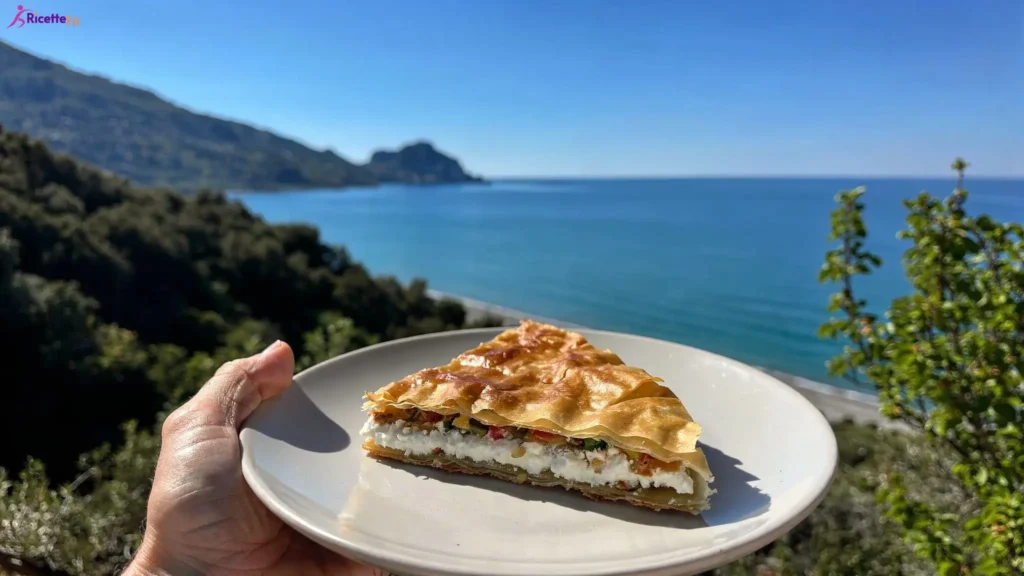 Fetta di torta rustica con pasta fillo, ricotta e spinaci vista mare a Cefalù