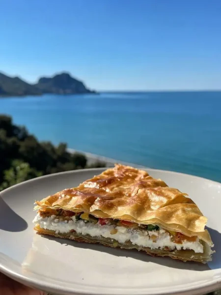Fetta di torta rustica con pasta fillo, ricotta e spinaci vista mare a Cefalù