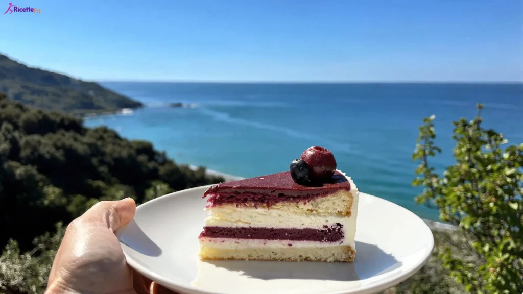 Fetta di torta fit con ricotta e frutti rossi vista mare a Cefalù