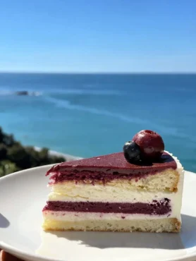 Fetta di torta fit con ricotta e frutti rossi vista mare a Cefalù