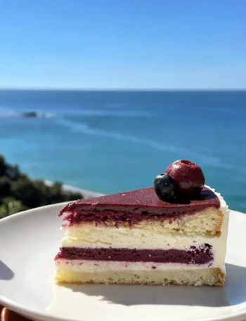 Fetta di torta fit con ricotta e frutti rossi vista mare a Cefalù