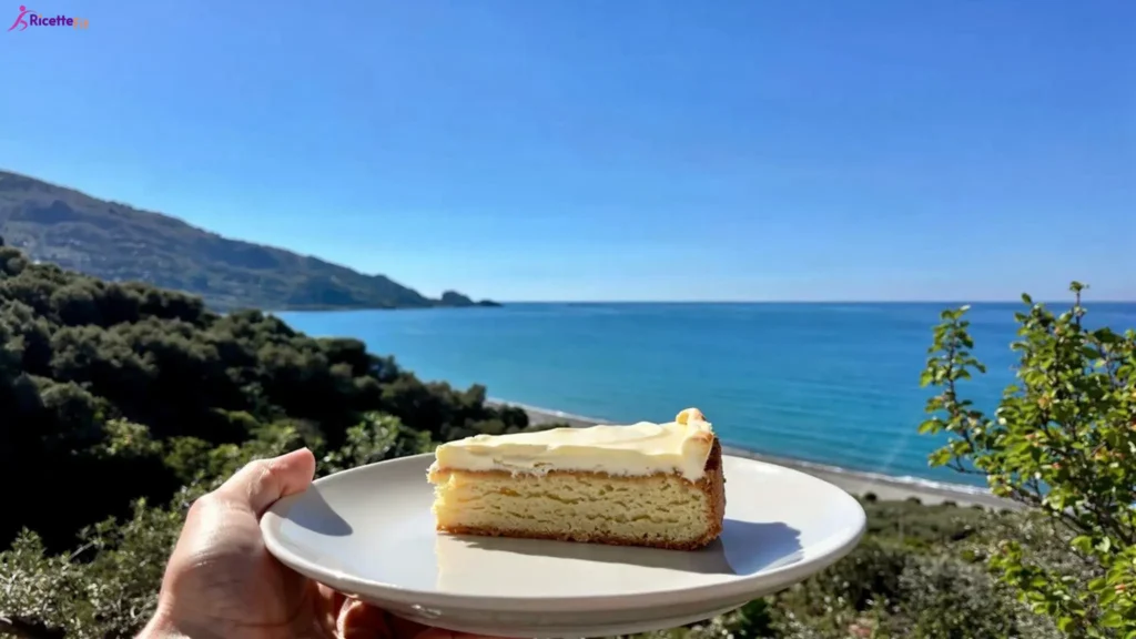 Fetta di torta yogurt e fragole senza zucchero con vista mare a Cefalù