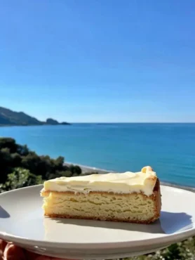 Fetta di torta yogurt e fragole senza zucchero con vista mare a Cefalù