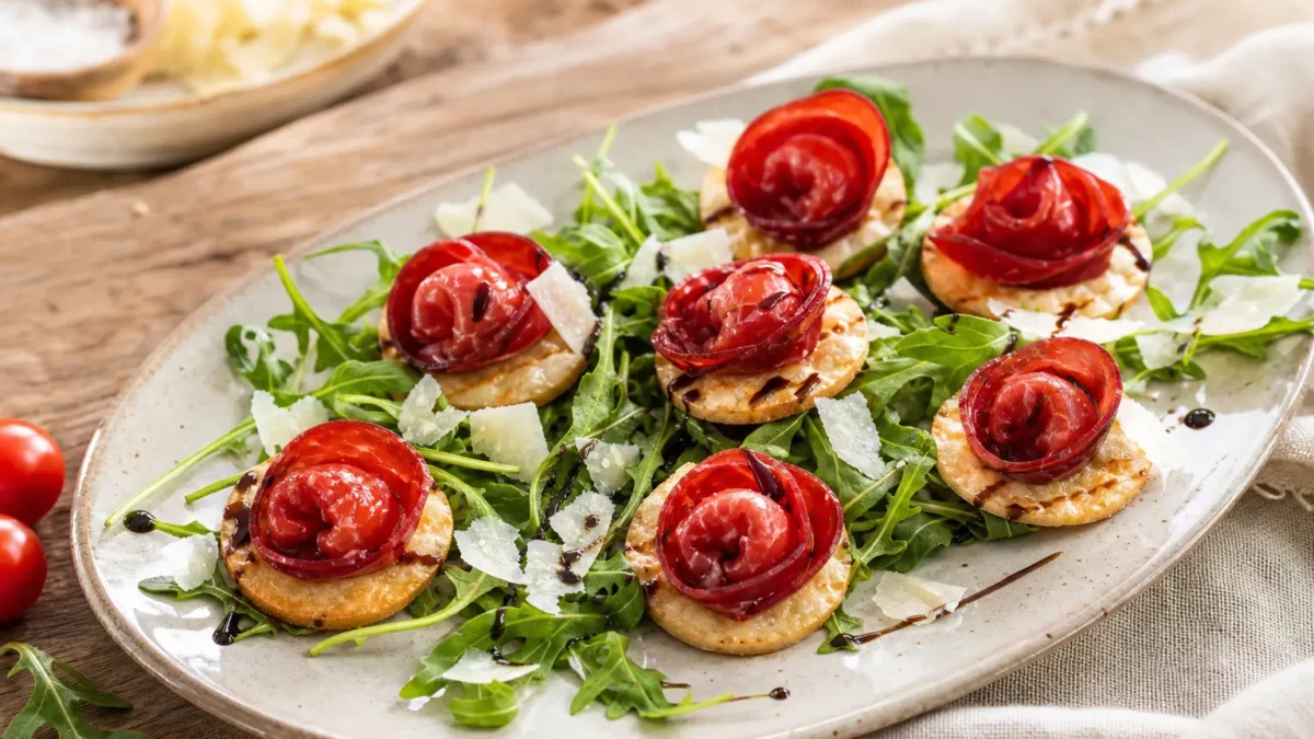 Tortellini di bresaola con ricotta su rucola, Parmigiano e crema di balsamico
