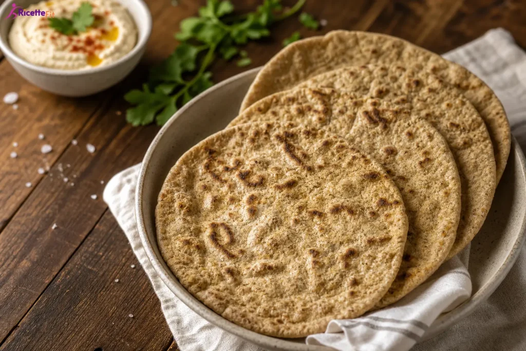 Tortillas di semi di lino light con hummus su tavolo in legno