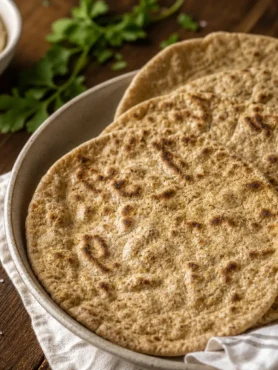 Tortillas di semi di lino light con hummus su tavolo in legno