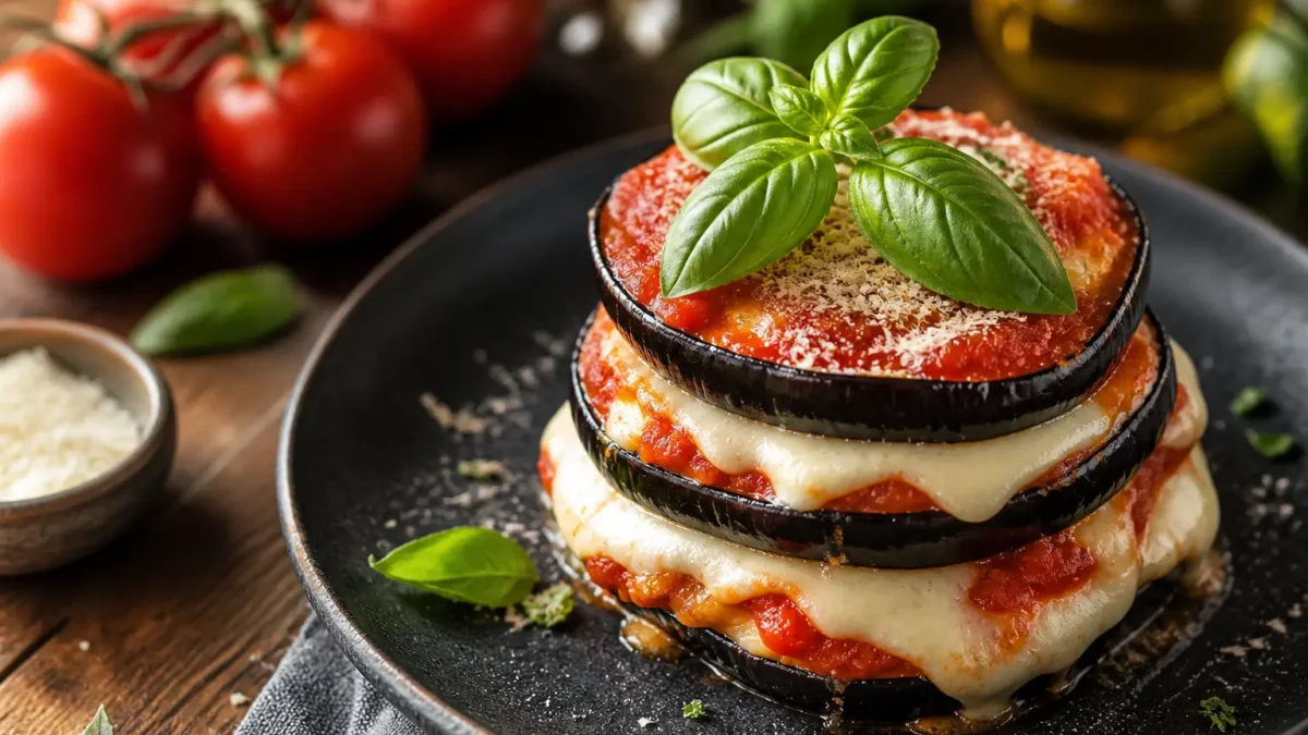 Tortino di melanzane con mozzarella, pomodoro e basilico fresco