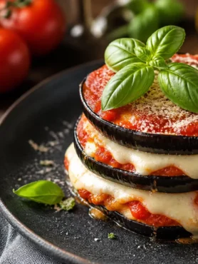 Tortino di melanzane con mozzarella, pomodoro e basilico fresco