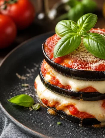 Tortino di melanzane con mozzarella, pomodoro e basilico fresco